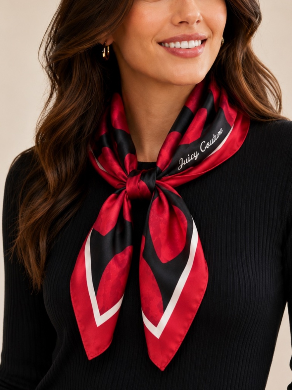 Juicy Couture Hearts Scarf 36x36 Red Black Square Neck Hair Bag Wrap NWT